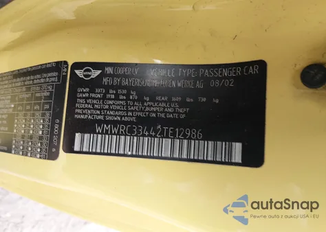 2002 Mini Cooper z USA, uszkodzony, nr VIN WMWRC33442TE12986